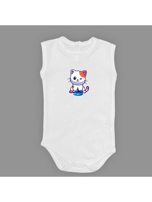 Mnk Baby & Kids Baskılı Mama Yiyen Kedi Bebek Çıtçıtlı Body - MNK0661-AÇIK Ekru-6 Ay