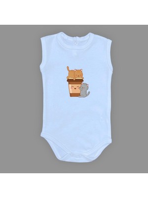 Mnk Baby & Kids Baskılı Kahve Seven Kediler Bebek Çıtçıtlı Body - MNK0659-AÇIK Mavi-18 Ay