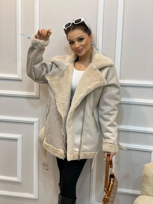 Ipek Içi Yumoş Full Kürklü Belden Kemerli Süet Mont