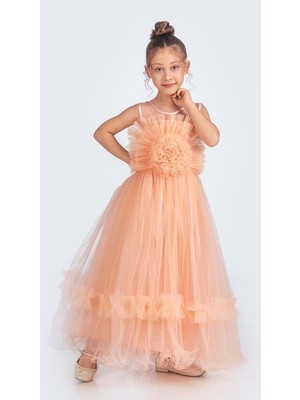 Mnk Baby & Kids Uzun Etekli , Askılı Kız Cocuk Gül Motif Abiye Elbise M00670