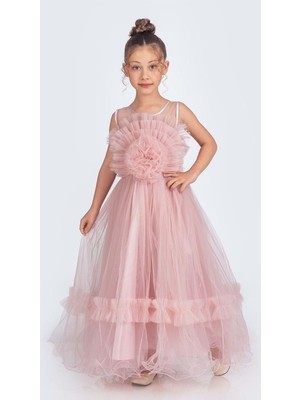 Mnk Baby & Kids Uzun Etekli , Askılı Kız Cocuk Gül Motif Abiye Elbise M00670