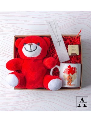 Peluş Kırmızı Ayı - Özel Tasarım Baskılı Kupa - Bitki Çayı - Melek Model Kolye Hediye Seti