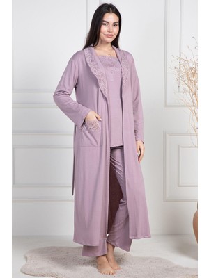 Mecit Pijama Mecit 6155 Gül Kurusu Kadın Büyük Beden Sabahlıklı Pijama Takımı