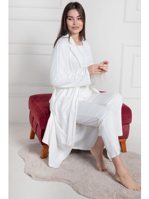 Mecit Pijama Mecit 6155 Ekru Kadın Büyük Beden Sabahlıklı Pijama Takımı