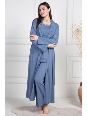 Mecit Pijama Mecit 6155 İndigo Kadın Büyük Beden Sabahlıklı Pijama Takımı