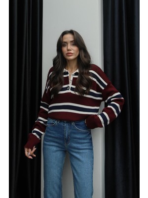 Bordo Krem Çizgili Polo Yaka Kazak