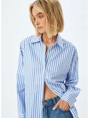 Koton Oversized Gömlek Yaka Mavi Kadın Gömlek 5WAK60043PW