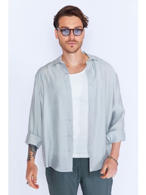 Modal Soft Dokulu Rahat Kesim Uzun Kol Erkek Gömlek Boyama Gri | MES128254-01