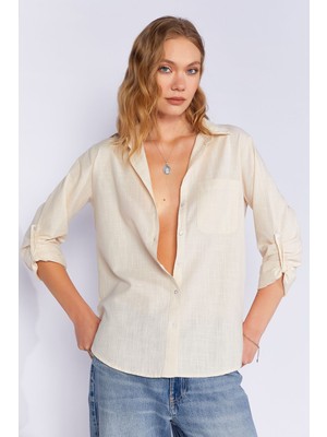 Manche Taş Cepli Keten Efektli Kadın Gömlek | MKS163420-01