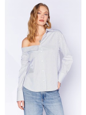 Manche Beyaz Asimetrik Uzun Kollu Çizgili Gömlek | MKS169141-01