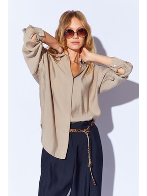 Manche Toprak Modal Soft Dokulu Yumuşak Gizli Pat Detaylı Oversize Kadın Gömlek | MKS168262-01