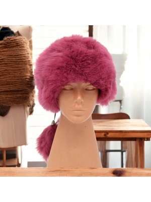 AbbasShop Toskanalı Bayan Deri Ushanka Ayarlanabilir Yumuşak Dokunuşlu Kışlık Şapka Börk Bere Fuşya Renkli