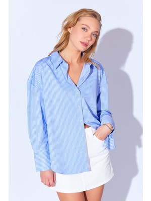 Manche Mavi Çizgili Kadın Gömlek Uzun Kol Trend Stil %60 Pamuk %40 Polyester