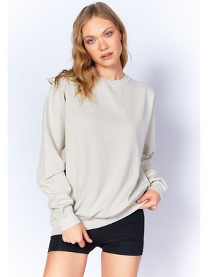 Manche Eskitme/soluk Efektli  Basic Kalıp L Örme Sweatshirt | Taş MKW278852-01