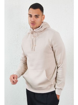 Manche Kapüşonlu Basic Minimal Baskılı Sweat Taş