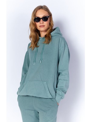 Manche Eskitme Soluk Efektli  Regular Normal Kalıp Kapşonlu Kanguru Cepli Örme Sweatshirt Petrol