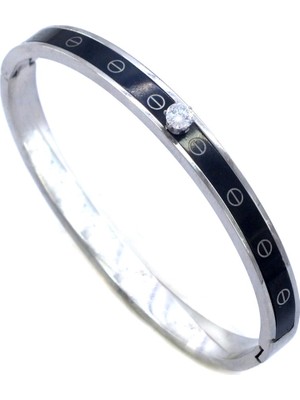 Bz 316L Çelik Tek Taşlı Siyah Şerit Spor Kelepçe BLZ-480