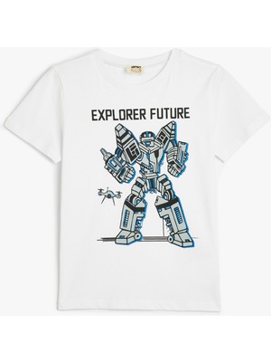 Koton Kısa Kollu Bisiklet Yaka Robot Baskılı Pamuklu Tişört