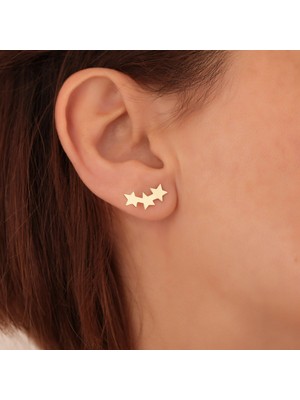 Nox Jewelry 14 Ayar Altın Kaplama Yıldız Kulak Saran Gümüş Küpe - Minimal Yıldız Dizilimli Küpe - E00261