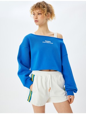 Koton Slogan Baskılı Kayık Yaka Crop Sweatshirt