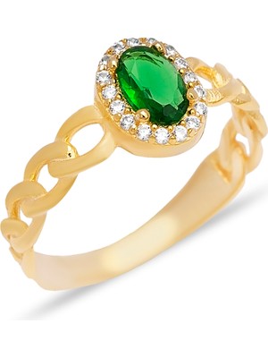 Silveranka 925 Ayar Gümüş Oval Zümrüt Taşlı Zincir Detaylı Yüzük