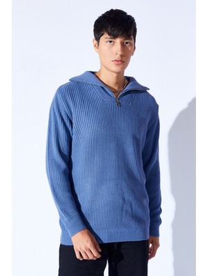 Oversize Yarım  Fermuarlı Örgü Desen Yumuşak Dokulu Erkek Kazak | Indigo MANW519913-1