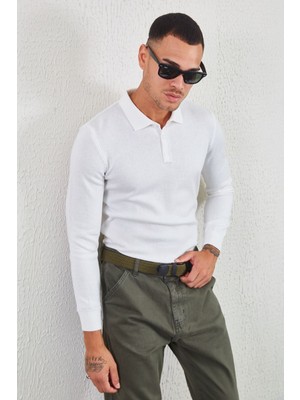 Manche Düğmeli Polo Yaka Basic Triko Ekru