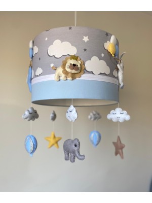 Leo Baby Room Gri Bulutlu Beyaz Şeritli Karışık Hayvan Figürlü Bebek Çocuk Odası Tasarım Aydınlatma Avize