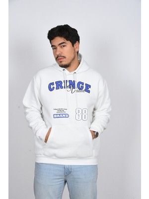 Unisex Rahat Kalıp Kapüşonlu Beyaz Baskılı Yeşil Kalın Şardonlu Sweatshirt