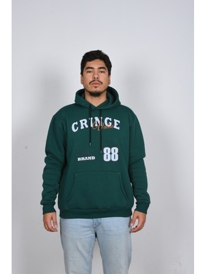 Unisex Rahat Kalıp Kapüşonlu Beyaz Baskılı Yeşil Kalın Şardonlu Sweatshirt