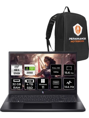Acer Nitro V 15 Intel Core I5 13420H 32GB 4tb SSD RTX2050/4GB 15.6" Fhd 144Hz W11P Taşınabilir Bilgisayar & Per4 Çanta NHQNDEY002P360