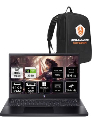 Acer Nitro V 15 Intel Core I5 13420H 64GB 2tb SSD RTX2050/4GB 15.6" Fhd 144Hz W11P Taşınabilir Bilgisayar & Per4 Çanta NHQNDEY002P374