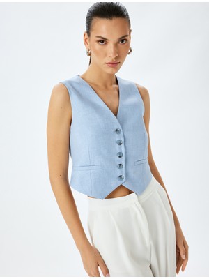 Koton Arkası Kemer Detaylı V Yaka Düğmeli Blazer Yelek