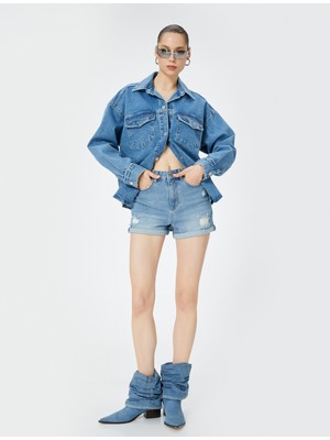 Koton Mini Kot Şort Yüksek Bel Skinny Fit Yıpratılmış Cepli