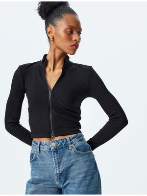 Koton Slim Fit Uzun Kollu Fermuarlı Crop Triko Hırka