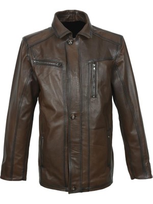 Klasik Model Iç Cepli Erkek Deri Mont Fındık Renk