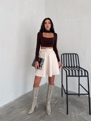 Ozy Fashion Kadın  Midi Boy Kemerli Süet Kloş Etek
