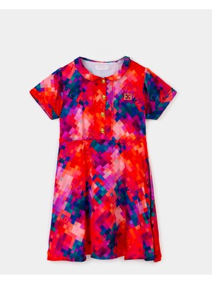 Escada  Renk Desenli Yakası Düğmeli Kırmızı Çocuk Elbise