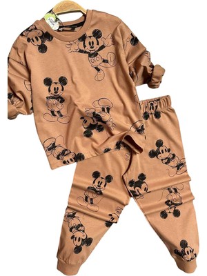 Riccotarz Erkek Çocuk Mickey Basklı Bilekleri Lastikli Penye Kazak Kahverengi Pijama Takım