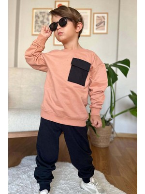 Riccotarz Erkek Çocuk Kapak Cepli Bisiklet Yaka Sweatshirt Somon Eşofman Takım