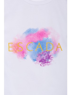 Escada  Kolları Fırfırlı Renk Desenli Beyaz Çocuk T-Shirt