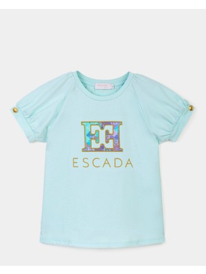 Escada  Kolları Düğmeli Logolu Turkuaz Çocuk T-Shirt