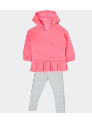 Kız Çocuk Kapşonlu Pembe Eteği Fırfır Detaylı Sweatshirt  -1010