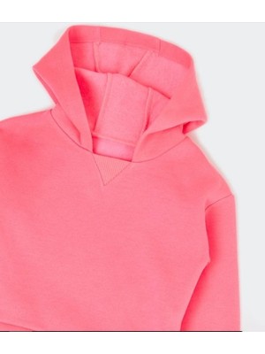 Kız Çocuk Kapşonlu Pembe Eteği Fırfır Detaylı Sweatshirt  -1010