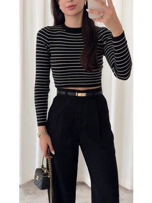 Premium Likralı Beyaz Çizgili Crop Triko