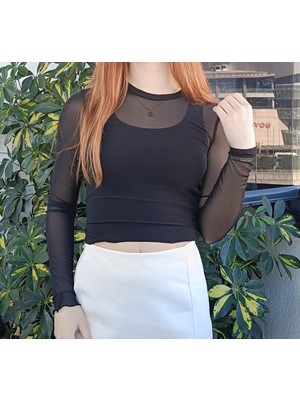 Kübra tekstil Siyah Uzun Kol Tül Transparan Kadın Bluz/body/badi 2795