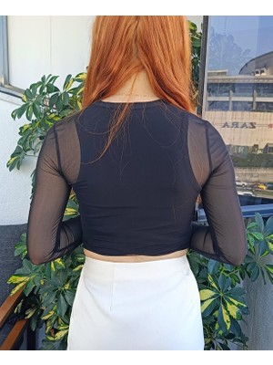 Kübra tekstil Siyah Uzun Kol Tül Transparan Kadın Bluz/body/badi 2795