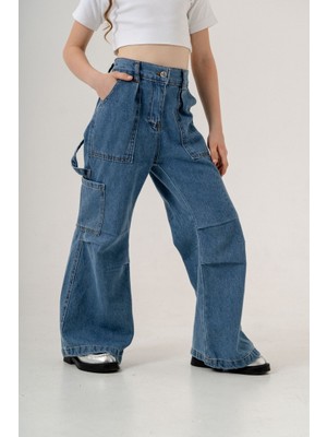 Kız Çocuk Cep Pileli Kot Pantolon G2149