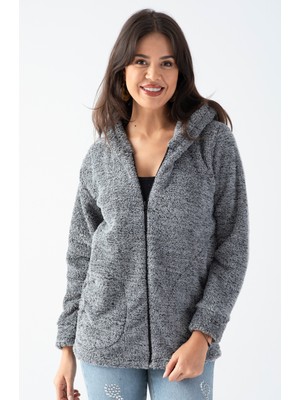 Kadın Siyah Kapüşonlu Peluş Ceket