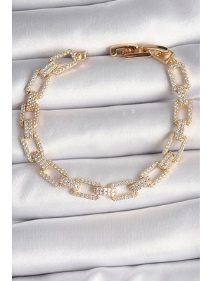 Ebijuteri Pirinç Gold Renk Zirkon Taşlı Zincir Model Vıp Seri Kadın Bileklik